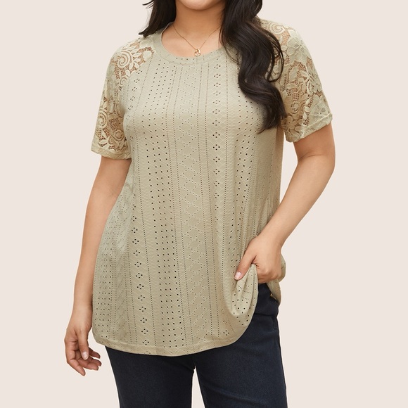 BloomChic Tops - BloomChic Elegant Lace Sleeve Beige Short Sleeve Top Plus Size 2X